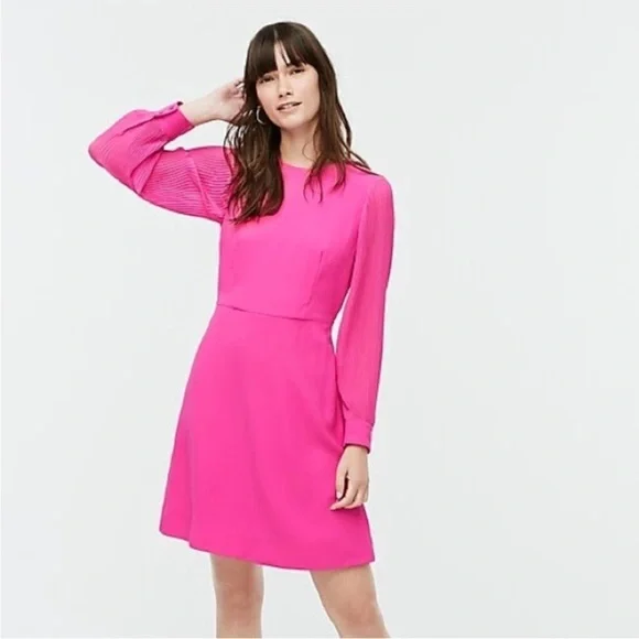 NWT J.Crew bright pink pleated sleeve a line dress sz 2 - Picture 1 of 12